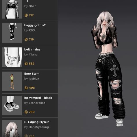 Roblox Outfit Ideas Baddie Codes, Imvu Emo Outfits, Imvu Avi Ideas Under 4000, Cheap Imvu Outfits, Imvu Avatar Ideas, Imvu Avi Ideas, Imvu Outfits Ideas, Outfit Ideas Goth, Imvu Fits