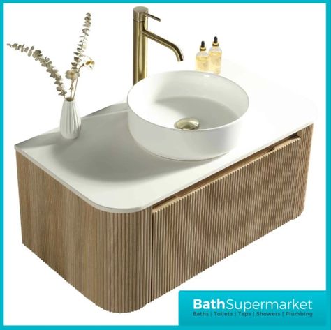 Tailored Fluted Wood Oak Wall Hung Curved Vanity Unit & Stone Counter Top 870mm | BATH SUPERMARKET Curved Vanity, Stone Counter, Corner Vanity, Stone Countertop, Bathroom Installation, Basin Unit, Bathroom Furniture Vanity, Vanity Basin, Curved Walls