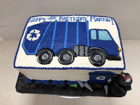 buttercream drawing of recycle truck, a fondant recylce bin, fondant trashbag, and fondant trash Truck Cake, Tiny Humans, I Love Food, Love Food, Butter Cream, Kids Birthday, Fondant, To Draw, Cake Decorating