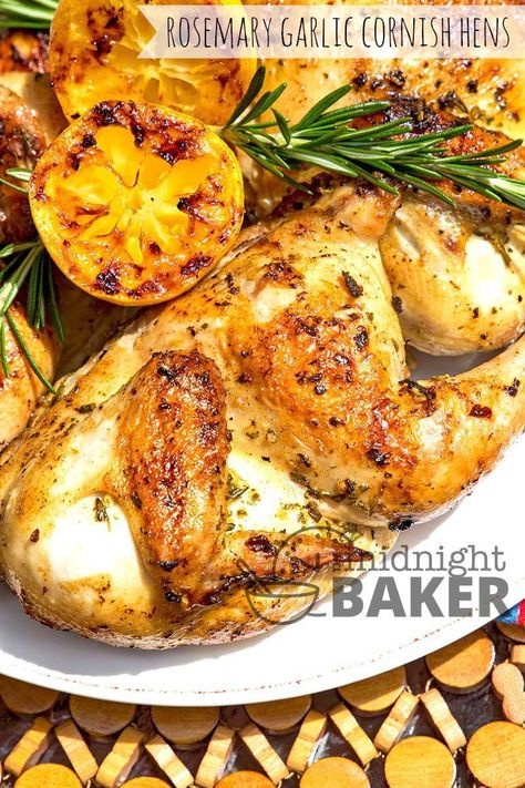 Grilled Cornish Hens, Cornish Game Hen Recipes, Cornish Hen Recipe, Cornish Hen, Cornish Game Hen, Cooking Pumpkin, Cornish Hens, Rosemary Garlic, Easy Baked Chicken