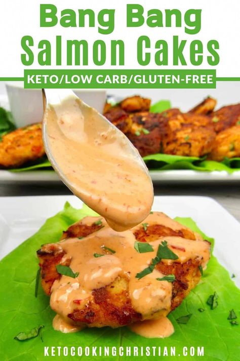 Bang Bang Salmon Cakes - Keto, Low Carb & Gluten Free Salmon cakes get a flavorful kick of spice with homemade Bang Bang sauce added to the mix! #ketorecipes #keto #lowcarb #ketodiet #ketogenicdiet #lowcarbdiet #ketogenic #lowcarbrecipes #lchf #ketocookingchristian Bang Bang Salmon, Gluten Free Salmon, Bang Bang Sauce, Keto Salmon, Postre Keto, Low Carb Diets, Salmon Cakes, Keto Cooking, Keto Recipes Dinner