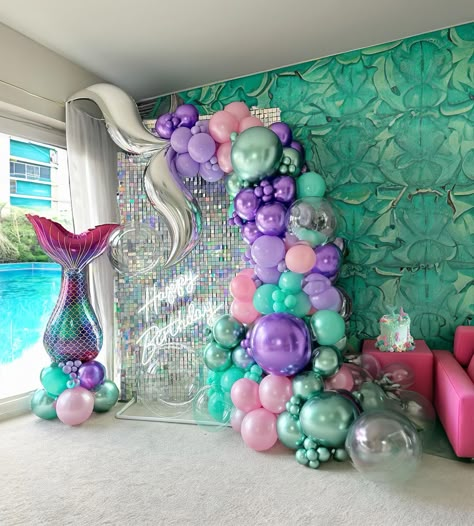 PRICES MAY VARY. 【Elegant Mermaid Theme Balloon Kit】INCLUDES the following 140+PCS 5" 10" 12"18"balloons in various sizes, we chose Chrome Purple and Pink green as Palette for the theme, Add 3pcs foil mermaid tail Balloon & Glue Dot Tie Kit lets you create a cheerful and vibrant atmosphere, perfect for Mermaid themed party 【100% Reliable Color 】 We insist on 100% real photography，Providing True Color of every single balloons,what you have to do is trust your color insprition and idea. Reliable C Pink Teal Gold Balloon Garland, Little Mermaid Birthday Party Pink, Baby Shark Balloon Arc, Mermaid Table Centerpieces Birthday Party, Little Mermaid Trunk Or Treat Game, Ballon Arch Baby Shark, Disney Stitch Balloon Garland, Mermaid Candy Table Buffet, Disney Little Mermaid Birthday Party Michaels Stores