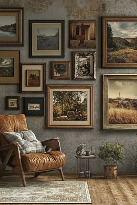 Create a stunning vintage gallery wall using DIY picture frames! Add charm and personality to any space. #VintageDecor #GalleryWall #DIYProjects Frame Photo Wall Ideas, Picture Frame Feature Wall, Vintage Pictures Aesthetic Retro, Mountain Gallery Wall, Vintage Picture Collage, 5x7 Photo Display Ideas, Vintage Wall Frames, Antique Frames Vintage, Aesthetic Photo Frames