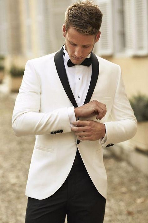 White Groom Tuxedos Men Wedding Suits Black Shawl Lapel and Pants Groomsmen Suit - Brought to you by Avarsha.com Tuxedo Wedding Suit, Terno Slim, White Tux, Wedding Tux, Black Suit Wedding, Wedding Suits Groom, Groom Tuxedo, White Tuxedo, Groomsmen Suits