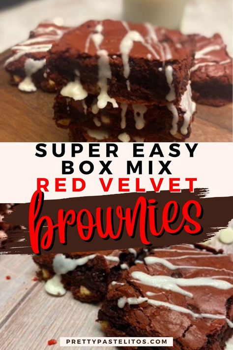 red velvet brownies from a box cake mix Doctored Chocolate Cake Mix Recipes, Fun Brownie Recipes, Doctored Chocolate Cake, Brownies With Cake Mix, Recipe Using Chocolate Cake Mix, Brownie Dessert Recipes, Chocolate Cake Mix Desserts, Easy Baked Goods, Red Velvet Brownies Recipe