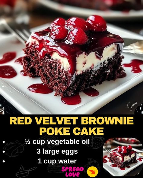 Red Velvet Brownie Poke Cake Brownie Poke Cake, Red Velvet Cake Mix Recipes, Red Velvet Poke Cake, Poke Cake Recipe, Mexican Casserole Recipe, Red Velvet Brownies, Chocolate Poke Cake, Red Velvet Cake Mix, Cookie Dough Ice Cream