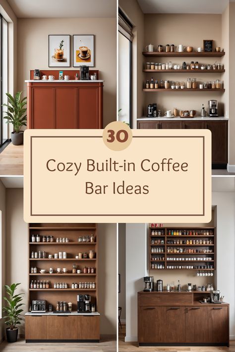 Explore 30 built-in coffee bar ideas showcasing cozy corner vibes. Four images highlight different styles, from sleek designs to chic setups, perfect for your home coffee station. Coffee Bar In Master Suite, Hutch Coffee Bar Ideas, Built In Coffee Bar Ideas Kitchen, Pairs Aesthetic, Cozy Coffee Corner, Small Coffee Bar, Built In Coffee Bar, Coffee Nooks, Bar Nook