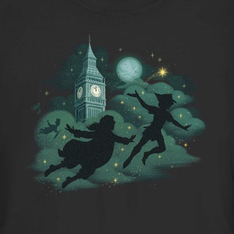 Join Peter Pan and Wendy in a live-action reimagining of the classic tale of a boy who won't grow up and three siblings who join him on an adventure to Neverland Island in the upcoming film Peter Pan & Wendy from Disney! This Flight Silhouettes Juniors' Graphic T-Shirt features Peter Pan and Wendy's silhouettes flying between the clouds of London with Big Ben in the background! Grab some officially licensed apparel for the whole family today and get in on the fun! Peter Pan Clock Tower, Neverland Island, Tinkerbell Room, Peter Pan Musical, Neverland Aesthetic, Film Peter Pan, Wendy Peter Pan, Fairy Window, Peter Pan 2003