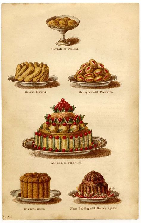 Typical Desserts served during a Regency Christmas Season. From: Cassell’s Dictionary of Cookery Victorian Illustration, Dessert Illustration, The Graphics Fairy, Plum Pudding, Dessert Aux Fruits, Vintage Dessert, French Dessert, French Desserts, Graphics Fairy