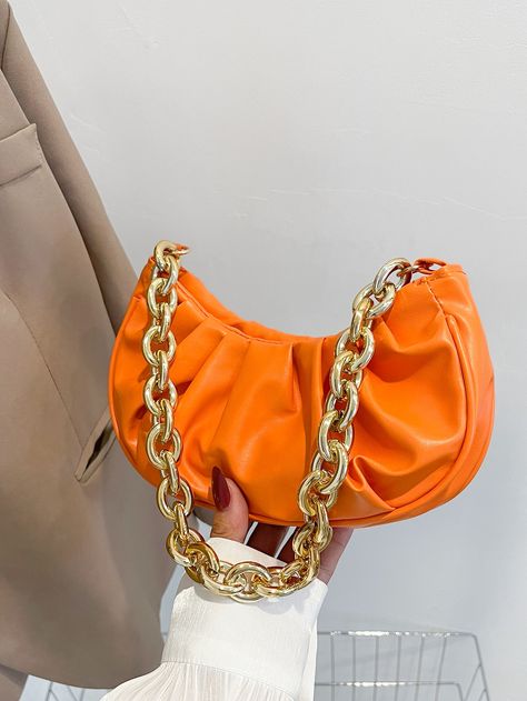 Stylish Shoes Heels, Orange Bags, Orange Minimalist, Ruched Bag, Orange Purse, Orange Handbag, Minimalist Chain, Aesthetic Bags, Orange Satin