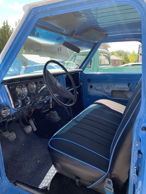 Blue Truck Aesthetic, Truck Aesthetic, Dream Trucks, Blue Truck, Old Truck, Simple Interior, Truck Interior, Chevy C10, Square Body