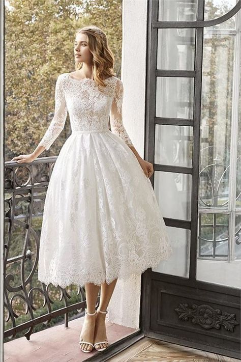 Lace Elopement Dress Short, Ankle Length Wedding Dress With Sleeves, Vintage Modern Wedding Dress, Proposal Dress, Chiffon Dress Wedding, Slim Fit Wedding Dresses, Cocktail Wedding Dress, Wedding Cocktail Dress, Printed Wedding Dress