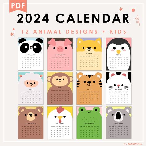 "🌟 Elevate your homeschooling experience with our Printable Calendar / Homeschooler Calendar for 2024! Bursting with vibrant colors and charming animal illustrations, this kids calendar is designed to make learning fun. Instantly download the high-resolution digital file, print at home, and embark on a year of learning adventures with your little ones with this 2024! 📅🎨 Our Monthly Calendar 2024 for kids is the perfect blend of organization and cuteness! This printable calendar is specially designed for homeschoolers, providing a delightful way to plan lessons and mark important dates.  Start the year with this cute calendar! 🗓️🎈 ✦ FEATURES  - Printable 2024 Calendar for Kids - In different cute animal face designs (Panda, Pig, Wolf, Penguin, Sheep, Monkey, Tiger, Rabbit, Bear, Chicke 2025 Calendar Cute, Mini Calendars 2024 Free Printable, Cute Diy Calendar, Calendar Printables 2024, School Calendar Ideas, Cute Calendar 2024, Calendar Cute Design, Printable Calendar 2024, Calender 2024 Designs