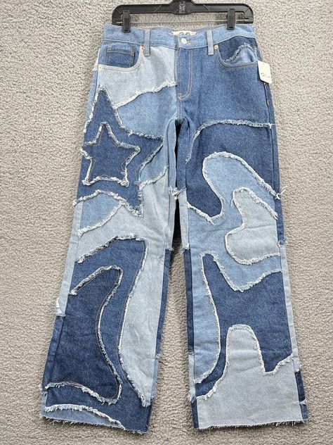 Free People Supernova Jeans Size 28 Lowrise Wide Leg Denim Jeans New $298 | eBay Custom Jeans Sewing, Mens Custom Jeans, Knee Patch Jeans, Creative Jeans Design, Diy Patchwork Jeans Tutorials, Jeans Reciclados Ideas, Cute Painted Jeans, Bleach Jeans Design, Jeans Customization