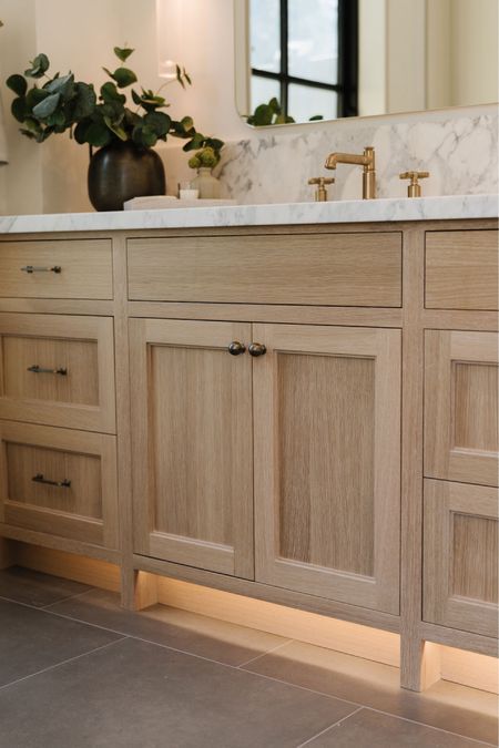 Gold Plumbing Fixtures, Oak Vanity Bathroom, White Oak Vanity, Oak Bathroom Cabinets, Bathroom Vanity Drawers, Oak Vanity, Oak Bathroom Vanity, Master Bath Vanity, New House Bathroom