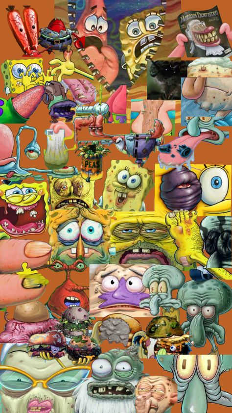 A collage of the most disgusting and disturbing close ups in SpongeBob. #spongebobsquarepants #spongebob #spongebobcloseups #ew #gross #funny #collage #cursed Disturbing Wallpaper, Spongebob Collage, Funny Collage, Spongebob Funny Pictures, Kaws Wallpaper, Spongebob Funny, Spongebob Wallpaper, Movie Wallpapers, Collage Design