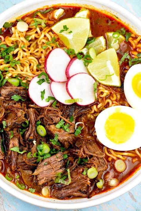 Birria Ramen, Mexican Beef Stew, Stewed Beef, Mexican Stew, Fusion Dishes, Ramen Soup, Ramen Recipes, Shredded Beef, White Bean Soup