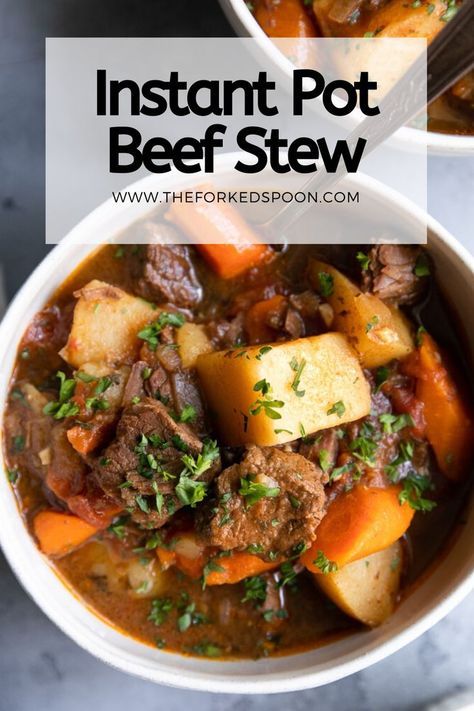 Instant Pot Beef Stew is a classic recipe. Packed with tender beef chuck, Yukon gold potatoes and lots of veggies like carrots and onions this Instant Pot Beef Stew takes less than an hour to cook until the meat is tender. The perfect cozy, comforting one-pot family meal for winter. #stew #instantpot #beefstew Tender Beef Stew, Traditional Homemaking, Vintage Skills, Pressure Cooker Beef Stew, Instant Pot Stew, Instant Pot Beef Stew, Moms Recipes, Guinness Beef Stew, Pot Beef Stew