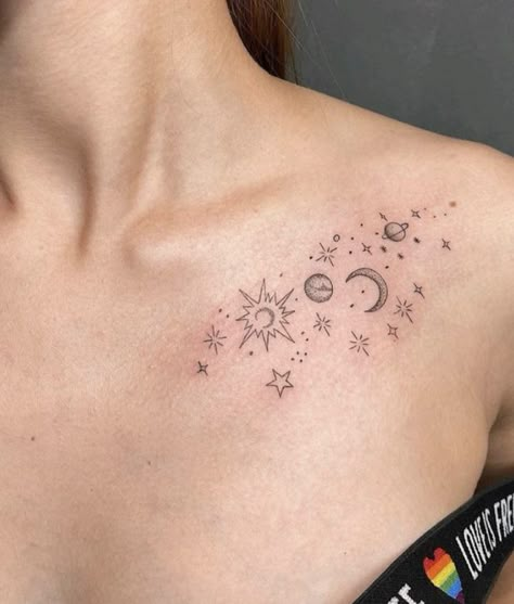 Moon And Stars Chest Tattoo, Chest Tattoo Ideas For Women, Tattoo Designs Fine Line, Tattoo Designs Minimalist, Fine Line Tattoo Designs, Line Tattoo Designs, Clavicle Tattoo, Chest Tattoo Ideas, Tattoo Moon