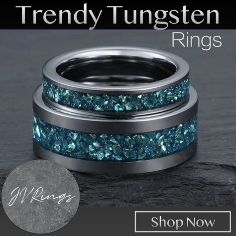 Trendy Tungsten Rings from jvRings | Tungsten rings are popular because of their toughness and durability. Tungsten is scratch resistant and tarnish resistant which makes it a great choice for our customers who value longevity as well as low maintenance in jewelry. Aquamarine Mens Wedding Band, His And Hers Ring, Aquamarine Wedding Band, Ring Set Silver, Aquamarine Wedding, Rustic Wood Box, Ethereal Elegance, Blue Aquamarine Ring, Couples Ring