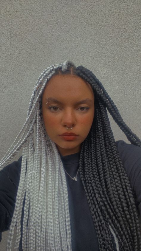 Black And White Cornrows, White Box Braids On Dark Skin, Half Black Half White Braids, Box Braids Half And Half Color, White And Black Box Braids, Grey And Black Box Braids, Black And White Braids For Black Women, White Braided Hairstyles, White Braids Black Women