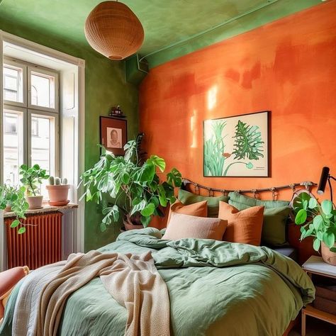 Orange And Green Walls, Sage Green And Burnt Orange Bedroom Ideas, Warm Orange Bedroom, Orange Green Room, Boho Bedroom Wall Colors, Colourful Bedroom Aesthetic, Orange Green Bedroom, Orange And Green Bedroom, Orange And Green Room