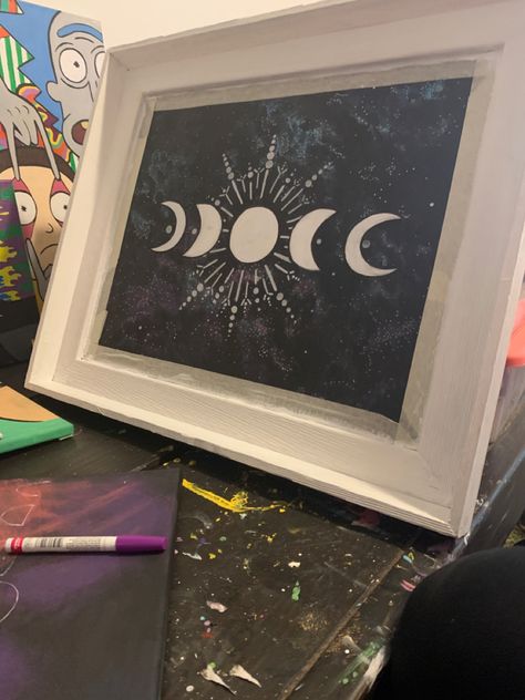 Moon Phases Wall Painting, Moon Phase Painting Diy, Moon Phases Painting Easy, Moon Phases Painting Canvas, Moon Phase Mandala, Moon Cycle Painting, Phases Of The Moon Painting, Witch Painting Ideas Easy, Moon Pottery Painting