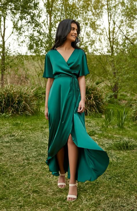 Forest Green Bridesmaid Dresses, Bridesmaid Wrap, Waterfall Dress, Brooklyn Dress, Wrap Dress Bridesmaid, Dress Outer, Modern Bridesmaid, Satin Wrap Dress, Green Bridesmaid