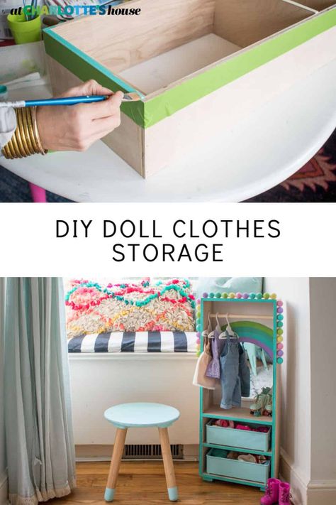 We were swimming in doll clothes and doll accessories so I made this simple DIY doll clothes closet for my daughter to keep things organized. She loves having a special spot for all her doll stuff and I love how organized her room is now! #storage #dollclothes #dollaccessories #DIYstorage Doll Clothes Hanging Rack, Diy Baby Doll Clothes, Diy Doll Closet, Doll Clothes Storage, Doll Clothes Storage Ideas, Diy Doll Clothes, Mess Free Painting, Make A Closet, Doll Clothes Hangers