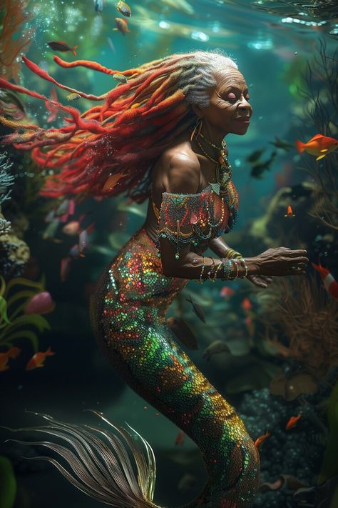 Black Mermaid Aesthetic, Mermaid Webtoon, Black Mermaid Art, Old Mermaid, Black Mermaids, African Mermaid, Mermaid Goddess, Black Siren, Mermaid Photography