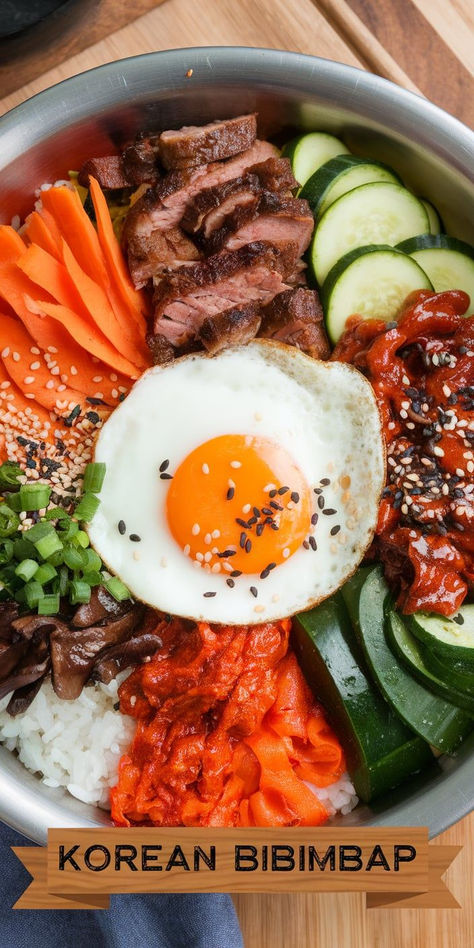 Korean Bibimbap: a colorful and flavorful rice bowl topped with sautéed veggies, tender meat (or tofu), a fried egg, and a savory gochujang sauce. Healthy, delicious, and customizable! Korean Rice Bowl, Bibimbap Bowl, Korean Bibimbap, Bibimbap Recipe, Flavorful Rice, Sautéed Veggies, Gochujang Sauce, Tender Meat, Roasted Vegetable Recipes