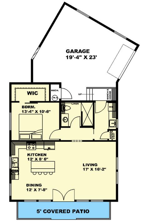 Deep overhanging eaves extend from the gabled roof of this 1-bedroom house plan, wrapped in board and batten siding for a touch of country charm. A front porch welcomes you inside to find an open layout combining the living room and eat-in kitchen. Move freely around the kitchen, which hosts a large island with seating for casual meals.  A hallway off the living room leads to the master bedroom with a walk-in closet and the neighboring full bath. Access the angled double garage, attached to 1 Bedroom House With Garage, 1 Bed 1 Bath Floor Plan, Tiny House Plans 2 Bed, Downsizing House, 1 Bedroom House Plans, Gabled Roof, Guest House Plans, Small Cottage House Plans, 1 Bedroom House