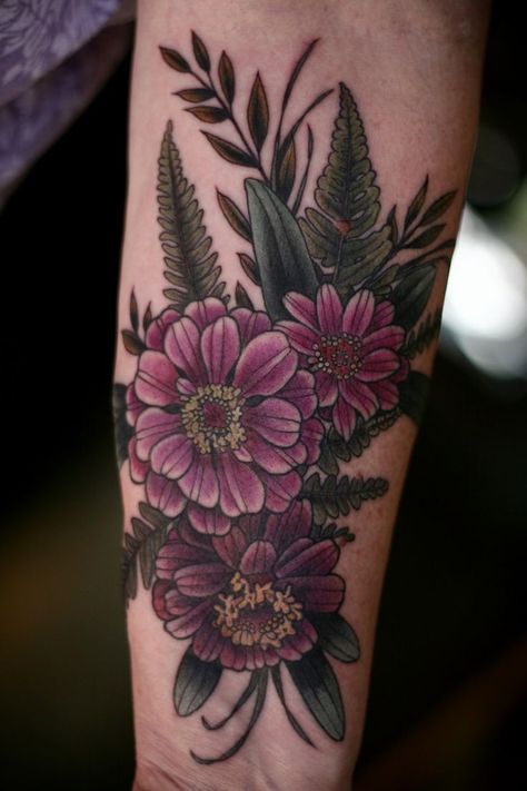 Purple Floral Tattoo, Color Floral Tattoo, Zinnia Tattoo, Dark Floral Tattoo, Botanical Tattoos, Fern Tattoo, Wonderland Tattoo, Tattoo Flowers, Floral Tattoo Sleeve