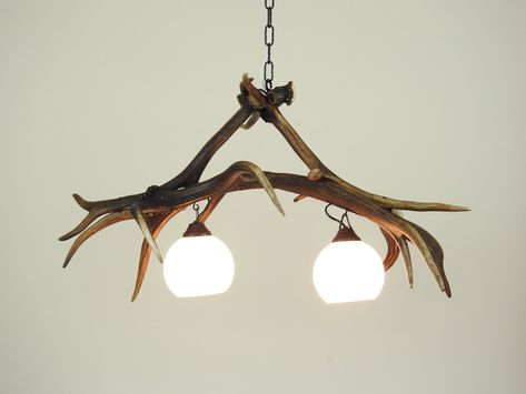 "Antler chandelier is made by hand with good condition real deer antlers. This deer antler chandelier is for two light and it is surpassed on two small antlers. It is good solution to long rooms. In small long rooms one chandelier like this is sufficient, but in huge long spaces, good idea is hang several these chandeliers. 💡It is for 2 bulbs rated up to 60 Watts, base type E27. We recommend to use shades. You can also use L.E.D. bulb. Bulbs and shades are not included because breakable in tran Elk Antler Chandelier, Small Antlers, Deer Antler Chandelier, Deer Lamp, Deer Antler Crafts, Deer Antler Decor, Antler Lights, Antlers Decor, Farmhouse Chandeliers