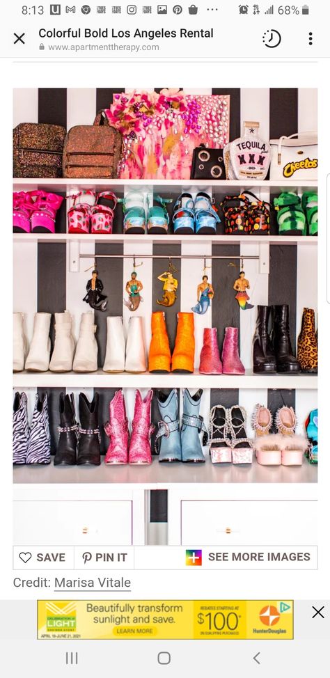 Wall Of Shoes, Maximalist Wardrobe, Bed Alcove, 70s Inspired Decor, Los Angeles Apartments, Pb Teen, Hollywood Studio, Rental Apartment, Purple Rooms