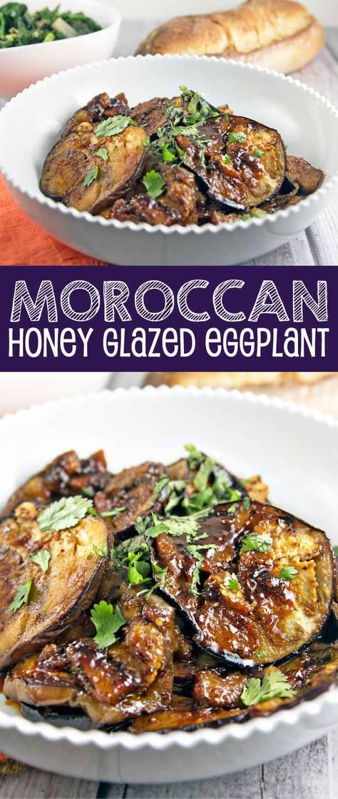 Moroccan Honey Glazed Eggplant: meltingly soft eggplant, glazed in a sweet and spicy honey and harissa sauce. Vegan and gluten free! {Bunsen Burner Bakery} via @bnsnbrnrbakery Moroccan Eggplant, Glazed Eggplant, Harissa Sauce, Bunsen Burner, Moroccan Recipes, Eggplant Dishes, Honey Glazed, Spicy Honey, Moroccan Food