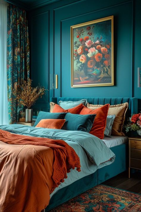 29 Dark Teal Bedroom Ideas to Create a Tranquil and Luxurious Retreat 3 Teal Accent Wall Bedroom, Orange And Teal Bedroom, Dark Teal Bedroom Ideas, Dark Teal Bedroom, Maximalist Bedroom Ideas, Jewel Tone Bedroom, Teal Bedroom Ideas, Bedroom Teal, Teal Accent Walls