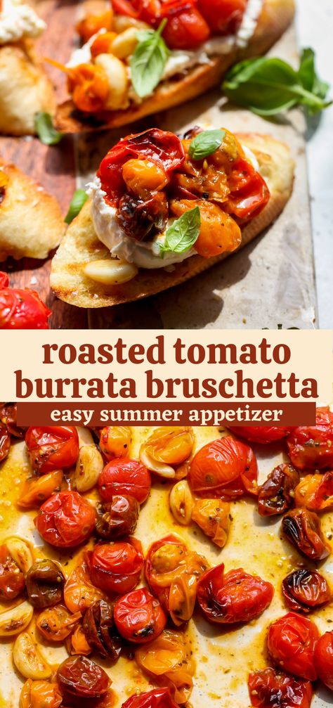 Roasted Tomato Burrata Bruschetta is a simple, delicious appetizer that calls for minimal ingredients. An elevated version of the classic, this cherry tomato bruschetta is the ultimate crowd pleaser. #bruschetta #easyappetizer #appetizerrecipe Cherry Tomato Burrata, Roasted Tomato Burrata, Burrata Bruschetta Recipe, Brushetta Appetizers, Cherry Tomato Bruschetta, Cherry Tomato Appetizers, Bruchetta Appetizers, Burrata Bruschetta, Caprese Bruschetta