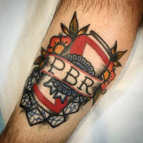 PBR Can buzzed out by Jaes Bidwell.  #tattoo #beertattoo #PabstBlueRibbon #oldschooltattoo #beertattoo #fremantle Pbr Tattoo Beer, Pabst Blue Ribbon Tattoo, Traditional Beer Tattoo, Deployment Tattoos, Pbr Tattoo, Beer Can Tattoo, Funny Traditional Tattoos, Blue Ribbon Tattoo, Wisconsin Tattoo