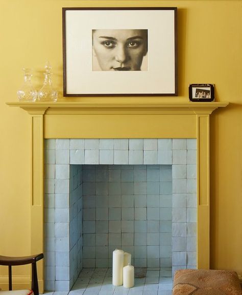 Checkered Fireplace, Colored Fireplace Painted, Colourful Fireplace, Colorful Mantle, Colorful Fireplace, Yellow Fireplace, Tiles Fireplace, Tiled Fireplace, Painted Fireplace