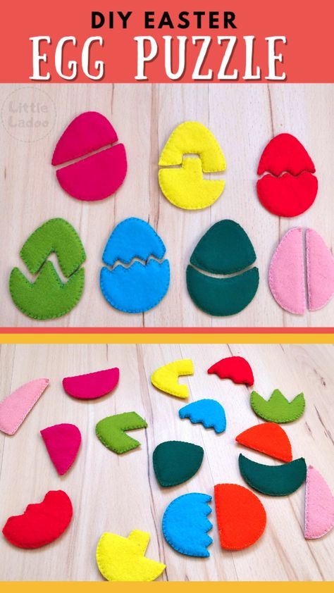 Eggs puzzles made with felt. Colourful DIY egg puzzle for toddlers Toddler Felt Activities, Felt Crafts For Toddlers, Felt Activities For Toddlers, Diy Puzzle For Kids, Toddlers Learning Activities, Diy Toys For Toddlers, Diy Felt Crafts, Felt Activities, Felt Puzzle