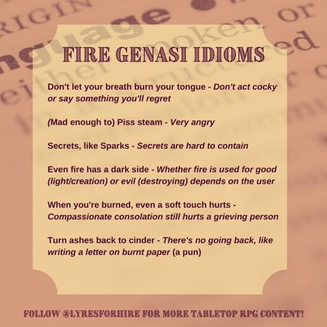 Dictionary-style text post containing fire genasi idioms for Dungeons & Dragons Fire Genasi, Dnd Dm, Dungeon Master's Guide, Dnd Funny, Writing Fantasy, Dnd 5e Homebrew, Writing Inspiration Prompts, D&d Dungeons And Dragons, Dungeons And Dragons Homebrew