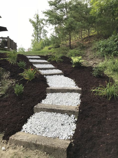 Added these stairs on a steep slope in our backyard. Gentle Slope Steps, Backyard With Hill Sloped Yard, Steep Driveway Ideas, Dream Landscaping, Backyard Steps, Cabin Landscaping, Steep Backyard, Steep Stairs, Flowers Backyard