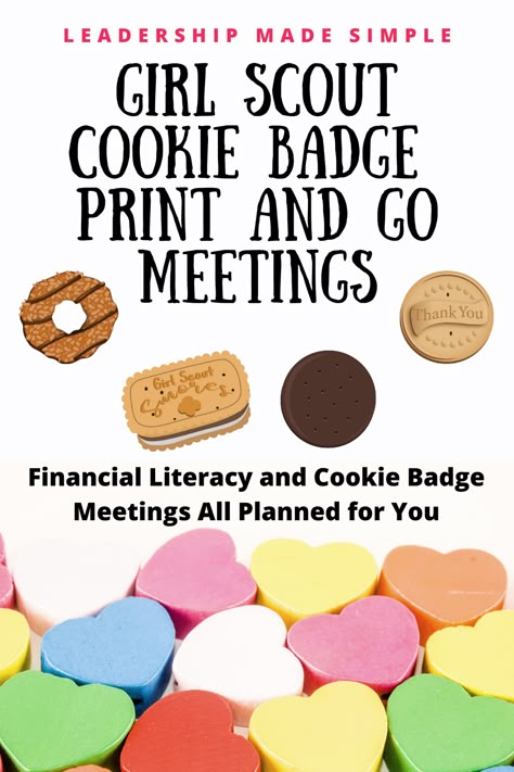 Girl Scout Cookie Badge and Financial Literacy Badge Print and Go Meetings Girl Scout Cookie Meeting Activities, Girl Scout Cookie Rally Activities 2024, Cadette Cookie Badge Ideas, Cookie Badges Girl Scouts, My Cookie Customers Badge, My Cookie Customers Brownie Badge, Daisy Girl Scout Cookie Activities, Daisy Cookie Goal Setter Badge, Brownie Cookie Decision Maker Badge