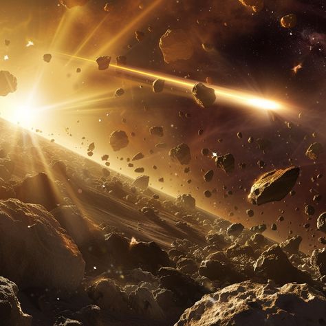 Asteroid Belt Chaos: A dramatic depiction of an asteroid belt with countless rocks orbiting and colliding near a star. #asteroids #space #cosmos #universe #rocks #orbits #collisions #solar #aiart #aiphoto #stockcake https://ayr.app/l/MCPm Planet Destruction, Universe Landscape, Environmental Artwork, Elemento Terra, Asteroid Mining, Rock Shower, Space Landscape, Cosmos Space, Asteroid Belt