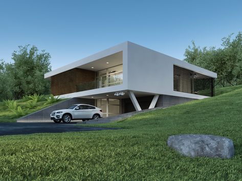 Modern House Philippines, Houses On Slopes, House On Slope, Sloping Lot House Plan, Exclusive House Plan, Slope House, Modern Villas, Modern House Floor Plans, Hillside House