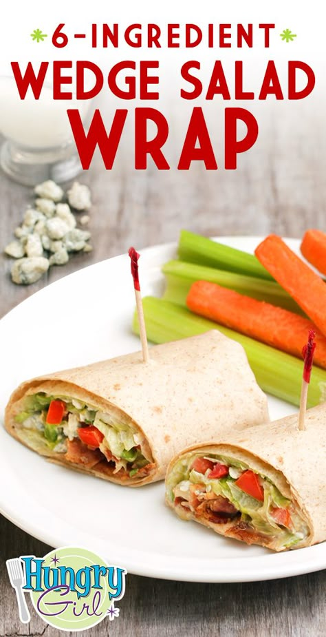 Wedge Salad Wrap + More Healthy 15-Minute Meals | Hungry Girl 300 Calorie Lunch, Low Calorie Wraps, Salad Wrap, Veggie Patties, Hungry Girl Recipes, Wedge Salad, Recipes Lunch, Salad Wraps, Healthy Sandwiches