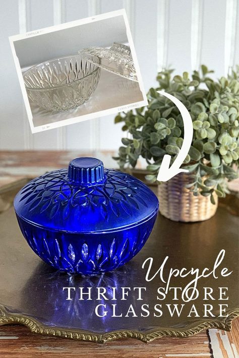 How to upcycle thrift store glass to make unique and stylish home decor. A quick and easy thrift store makeover. Goodwill Upcycle, Thrift Store Crafts Upcycling, Pressed Glassware, Kids Craft Projects, Thrift Store Diy Projects, Aesthetic Craft, Kids Craft Ideas, Diy Candles Easy, Glass Aesthetic