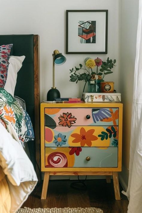 Fresh Nightstand Refinishing Ideas for a Bedroom Update Pop Of Color Nightstand, Maximalist Nightstand, Painting Nightstand Ideas, Nightstand Painting Ideas, Cube Storage Ideas Bedroom, Patterned Nightstand, Funky Nightstand, Nightstand Makeover Diy, Bedroom Nightstand Ideas