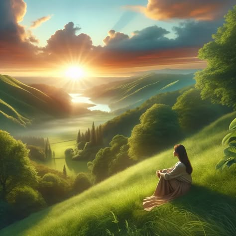 A serene and spiritual image depicting a person in a tranquil natural setting, embodying a spirit of thankfulness. The individual, a middle-aged Hispanic woman, is seen sitting peacefully on a lush green hillside, with her hands gently folded in her lap. The hill overlooks a breathtaking landscape with a radiant sunrise in the background, symbolizing hope and divine presence. The scene... Good Life Pictures, Hope Images Pictures, Love In Bible, Hope Background, Best Prayers, Birthday Wishes For A Friend Messages, In The Presence Of God, The Presence Of God, Eden Garden